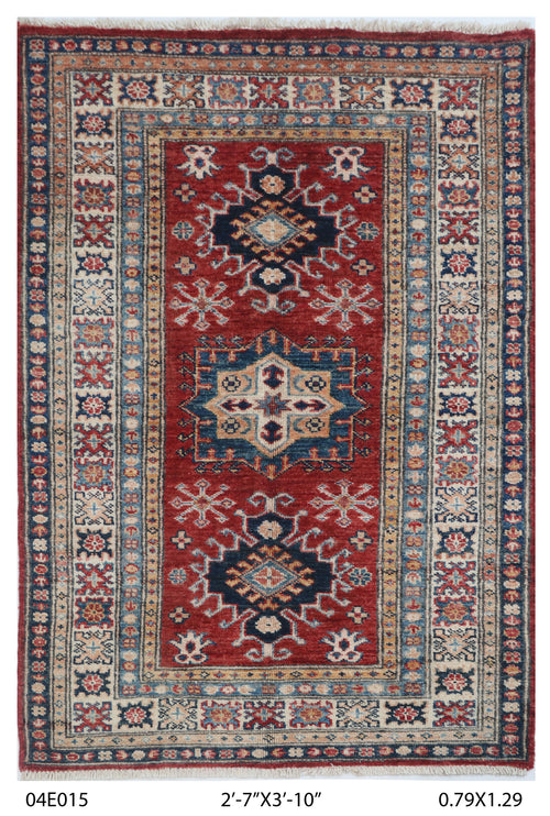 2.5x4 Red Super Kazak geometric handmade wool and cotton area rug