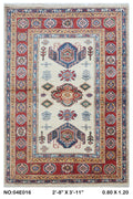 2.5x4 Beige Super Kazak geometric handmade wool and cotton area rug