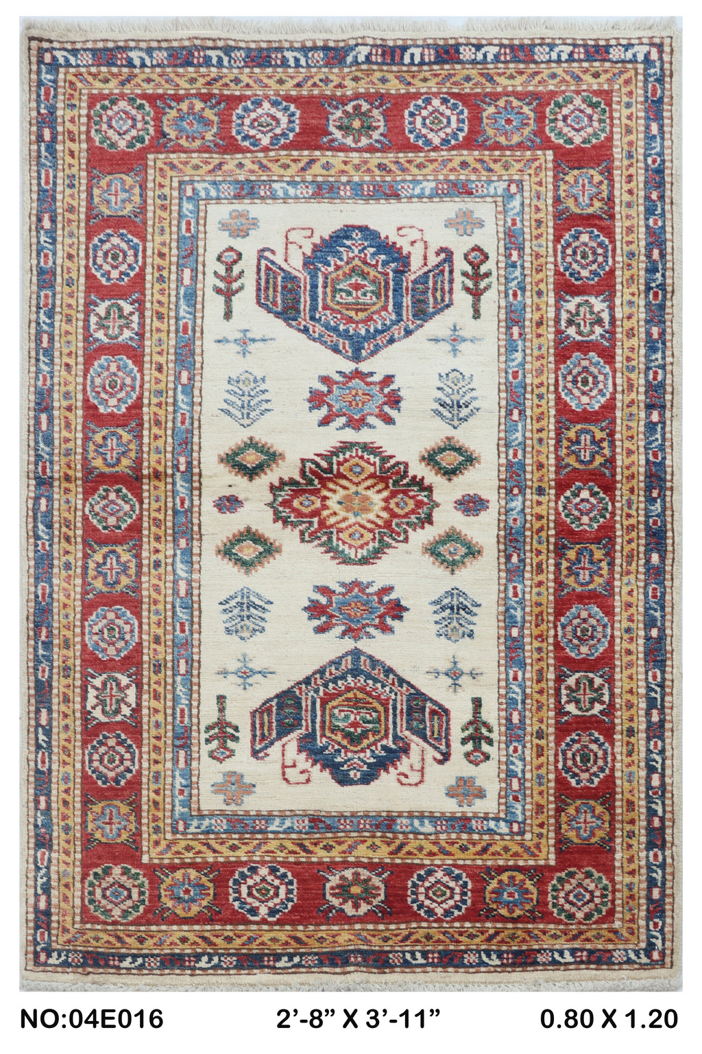 5x6 Beige Super Kazak Geometric Area Rug | Handmade Wool & Cotton Rug