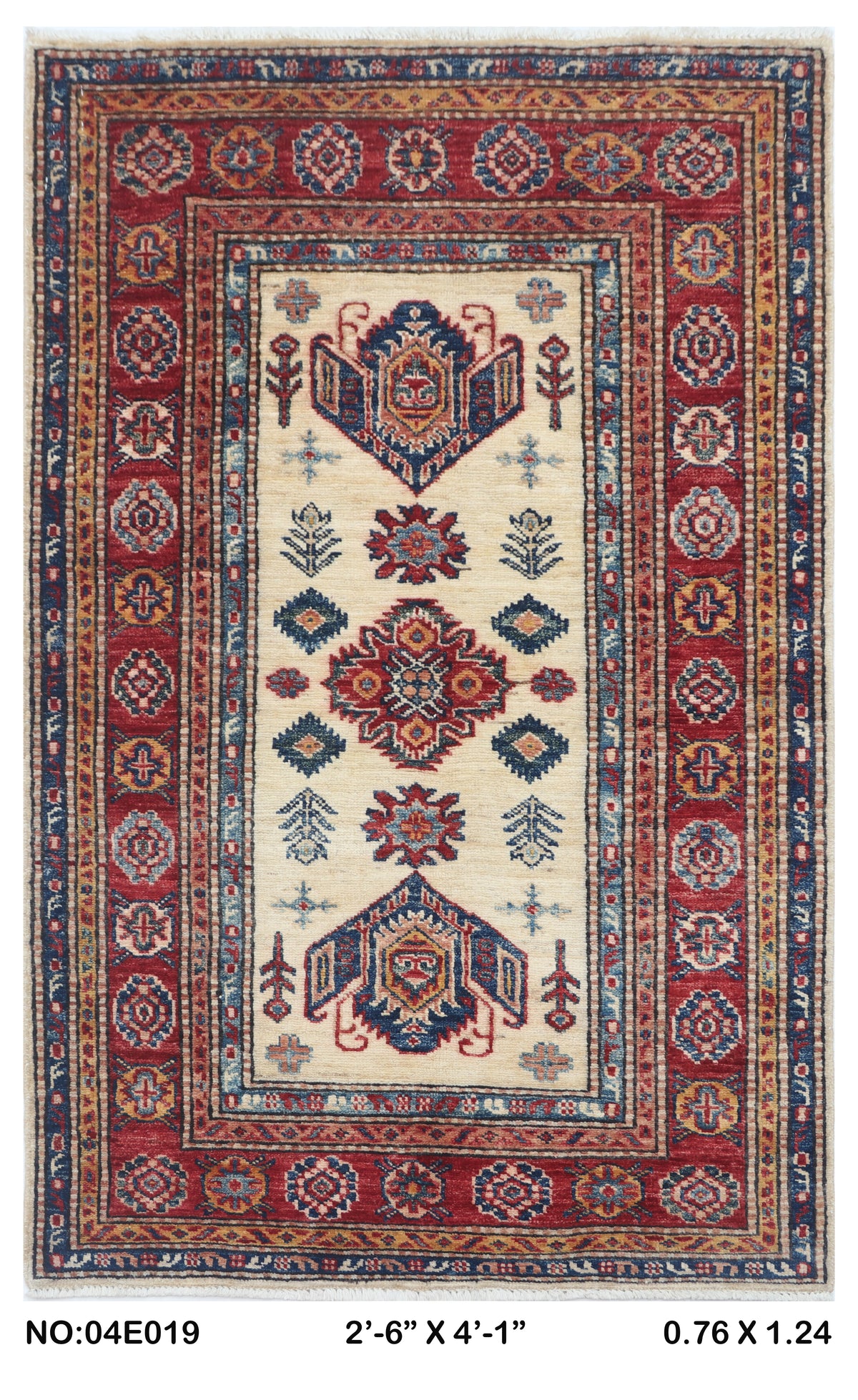 2.5x4 Beige Super Kazak geometric handmade wool and cotton area rug
