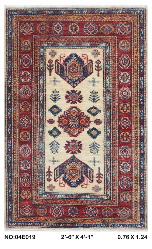 2.5x4 Beige Super Kazak geometric handmade wool and cotton area rug