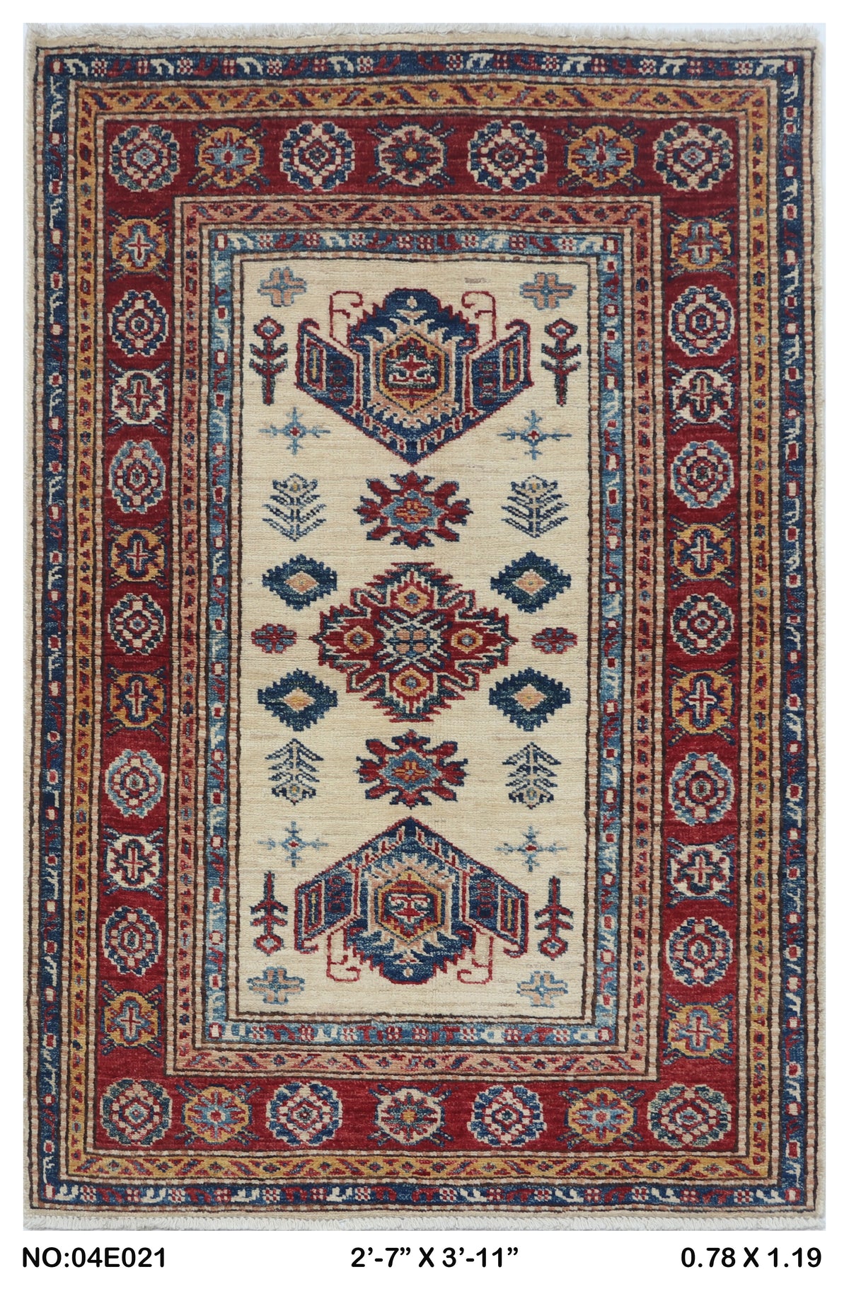 2.5x4 Beige Super Kazak geometric handmade wool and cotton area rug
