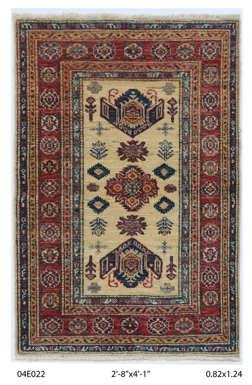 2.5x4 Beige Super Kazak geometric handmade wool and cotton area rug