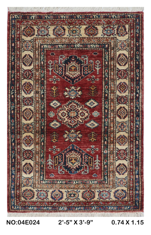 2.5x4 Red Super Kazak geometric handmade wool and cotton area rug