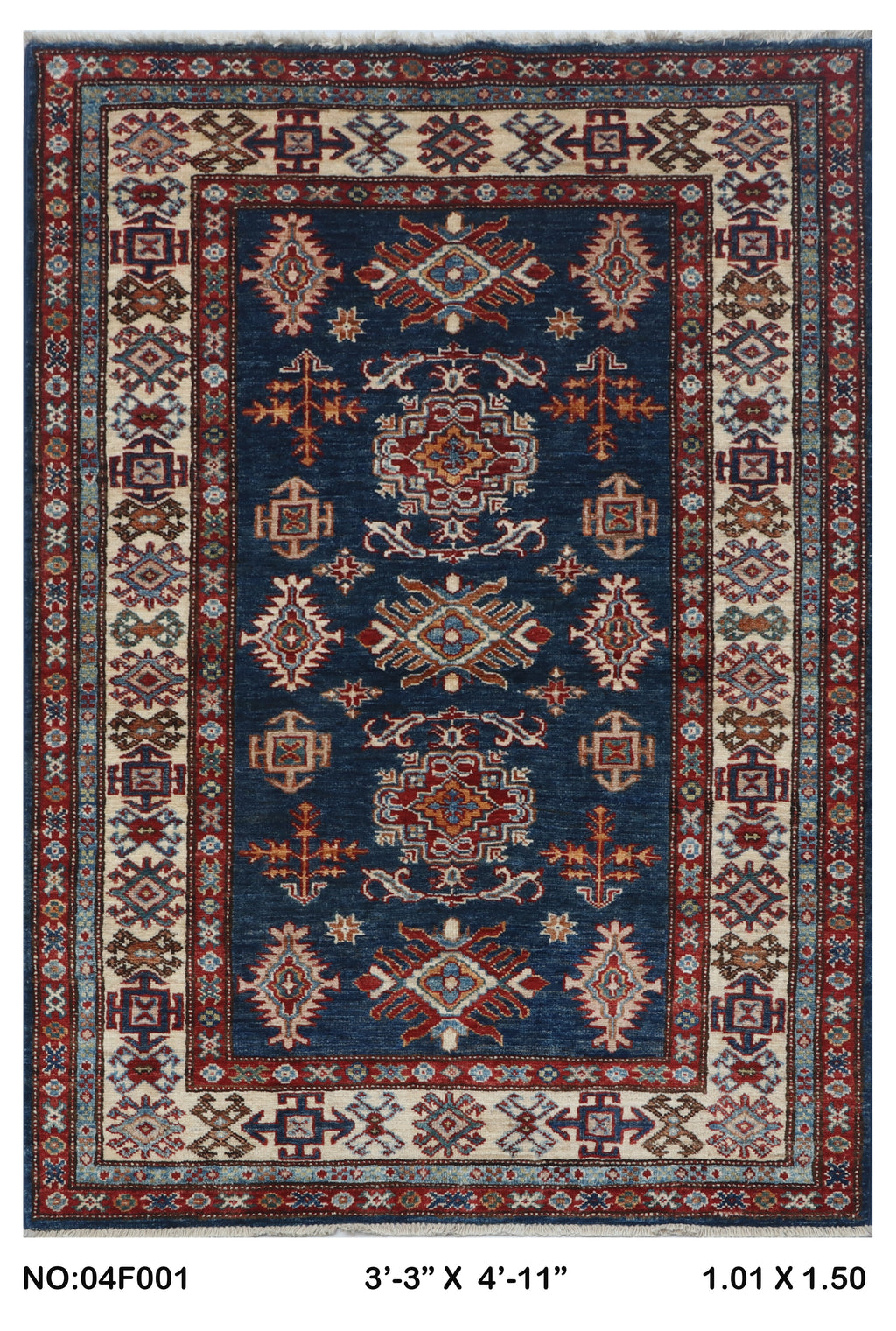 3x5 Blue Super Kazak Handmade Wool Cotton Geometric Area Rug