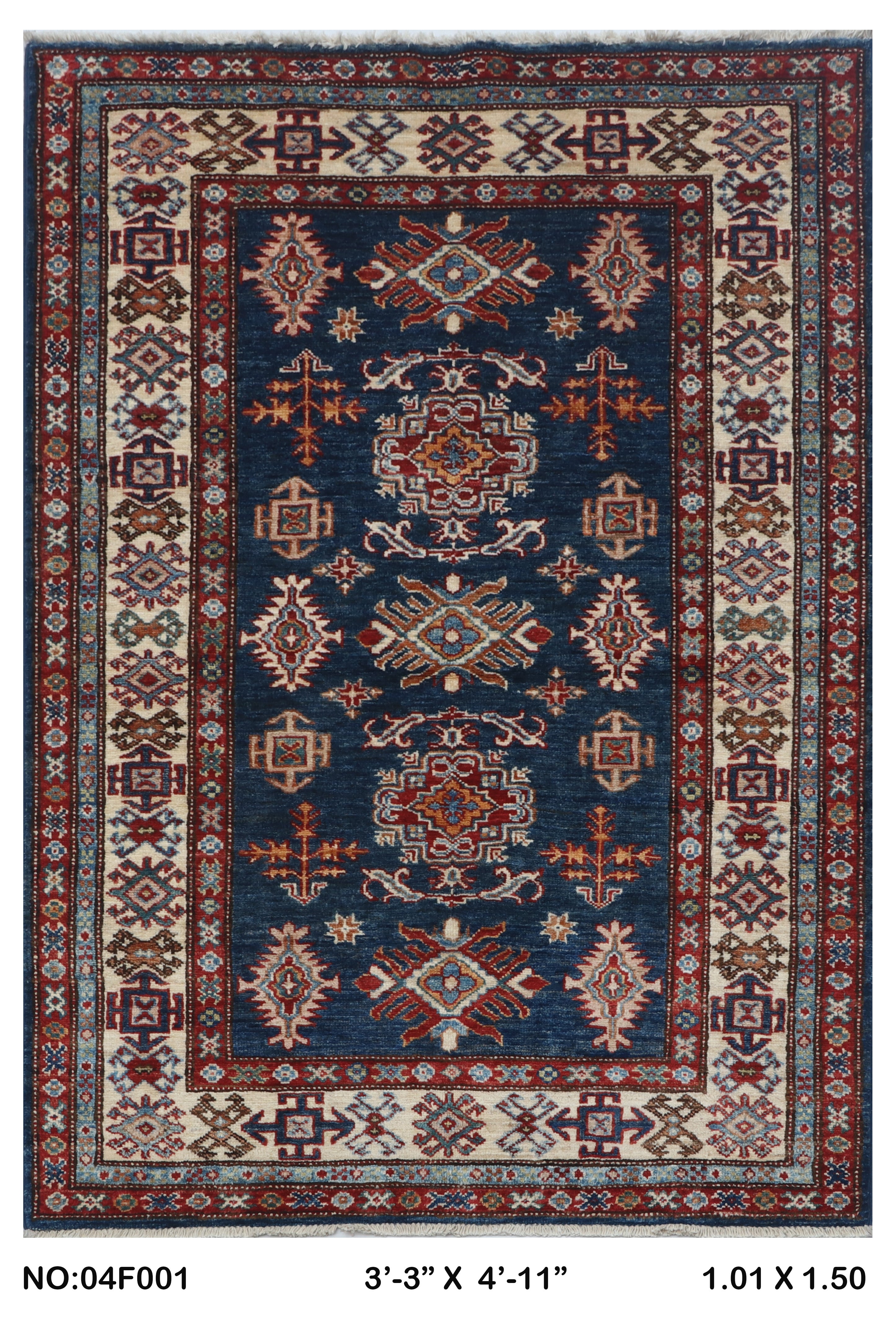 3x5 Blue Super Kazak Handmade Wool Cotton Geometric Area Rug