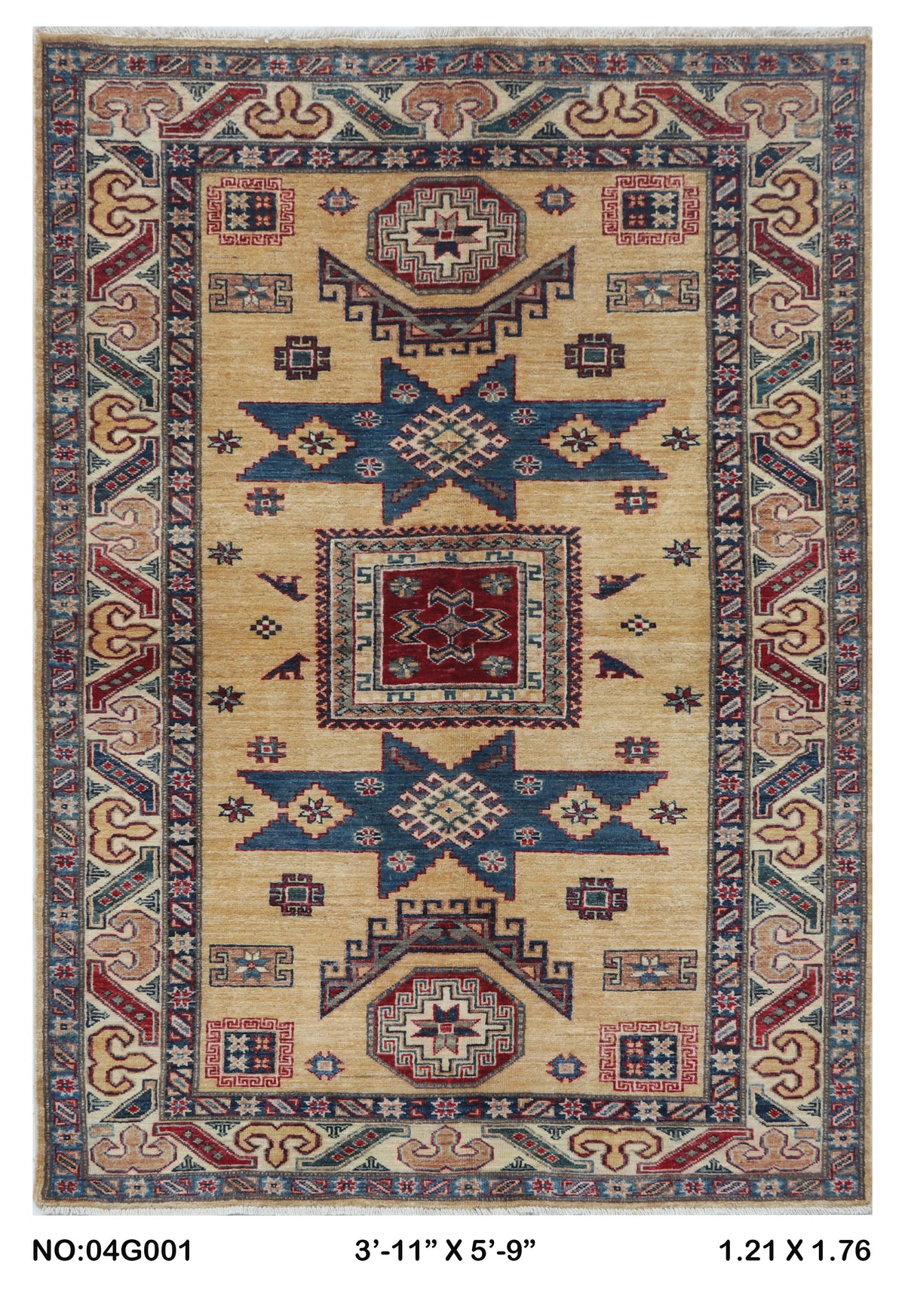 4x6 Golden Super Kazak geometric handmade wool and cotton area rug