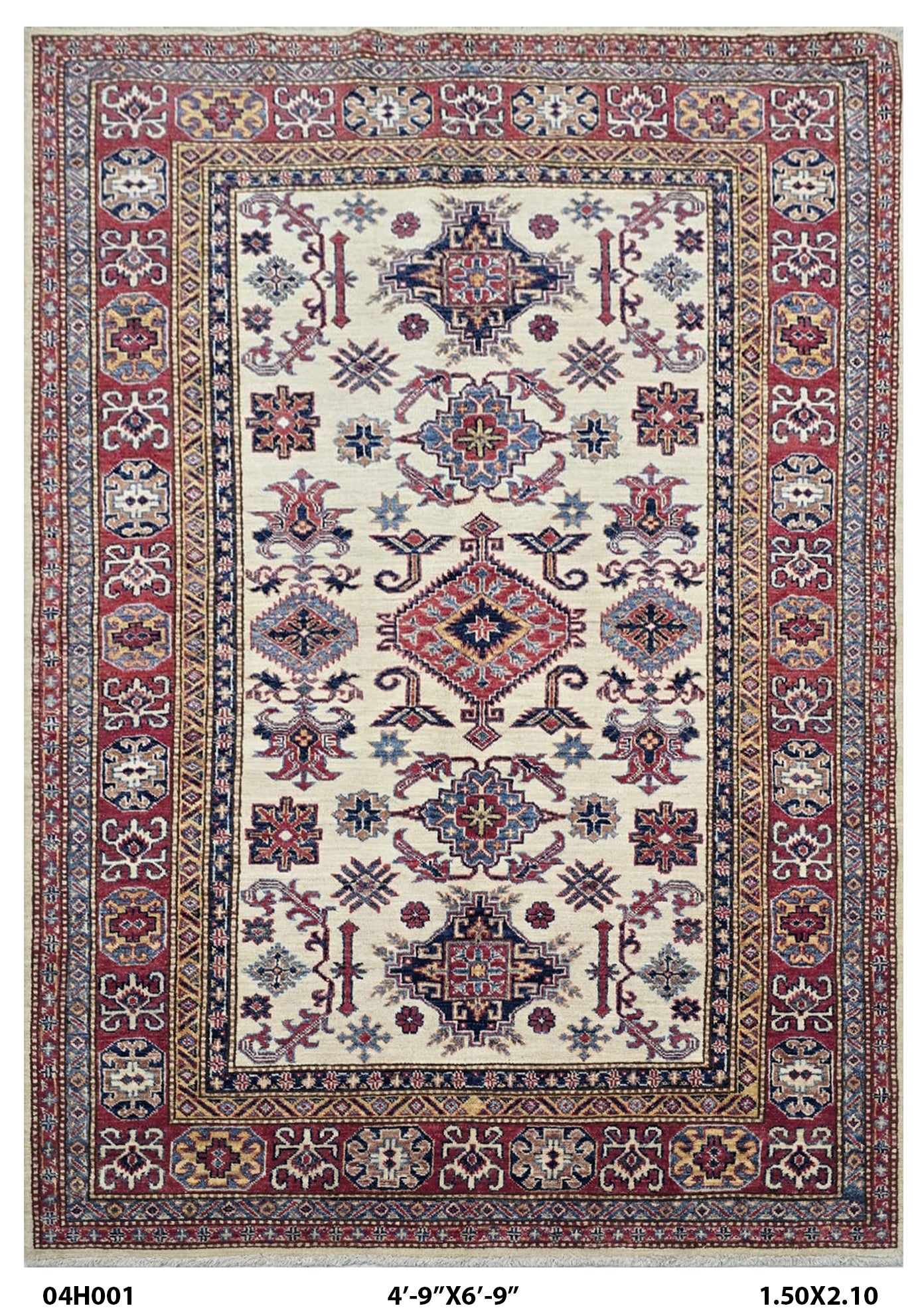 4.5x7 Beige Super Kazak Geometric Handmade Cotton & Wool Rug | Premium Luxury Area Rug