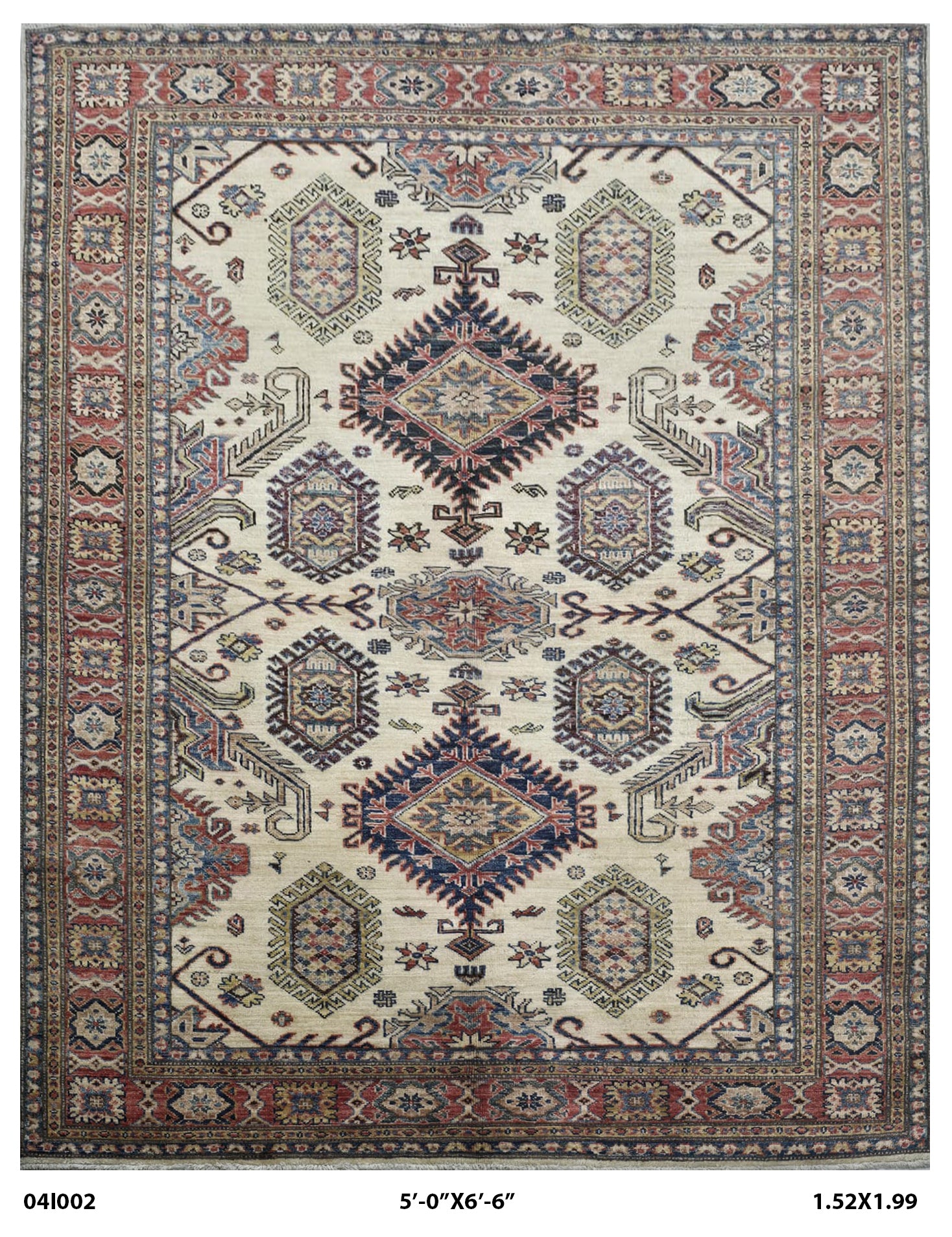 5x7 Beige Super Kazak Geometrical Handmade Cotton & Wool Rug | Premium Luxury Area Rug