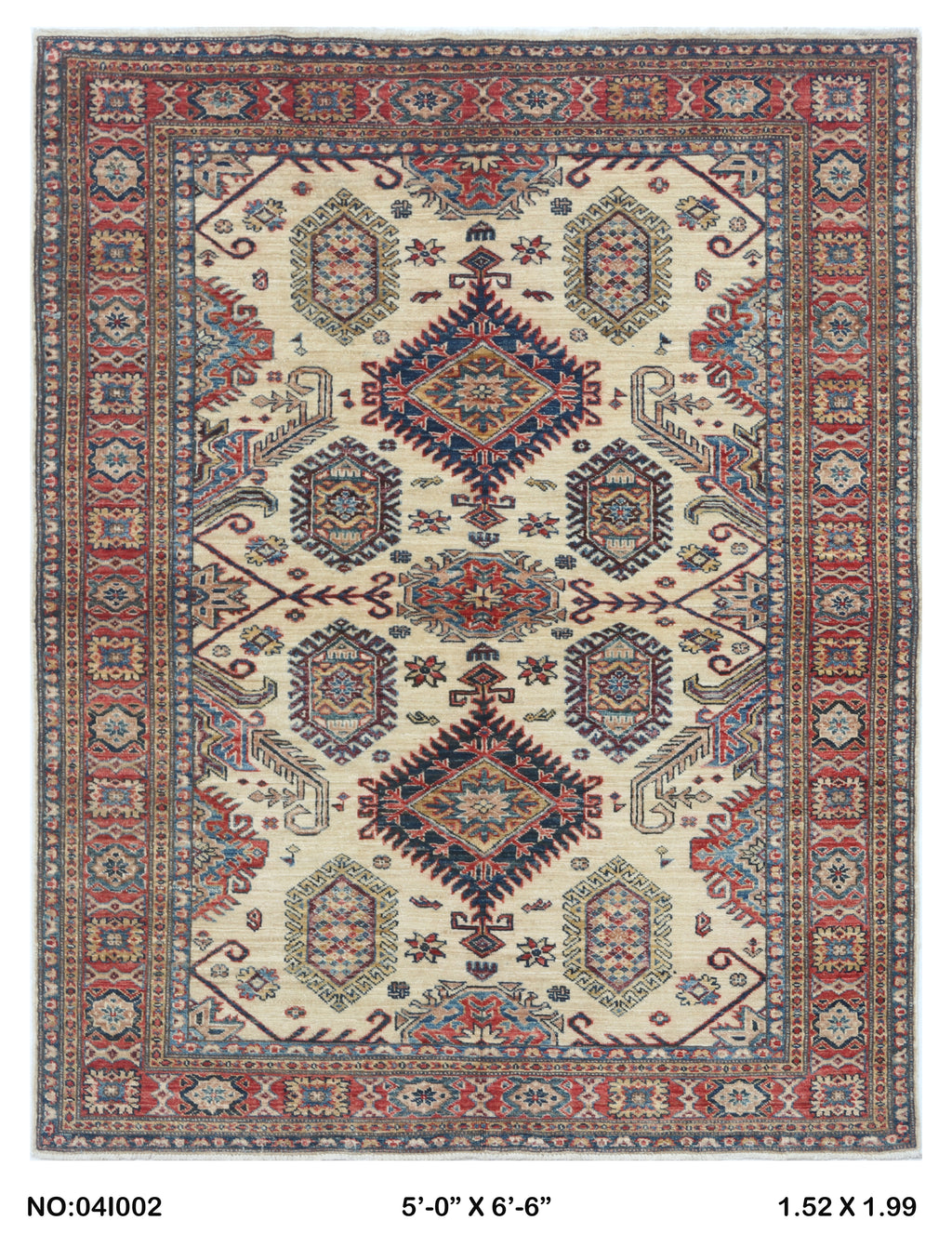 5x7 Beige Super Kazak Geometrical Handmade Cotton & Wool Rug | Premium Luxury Area Rug