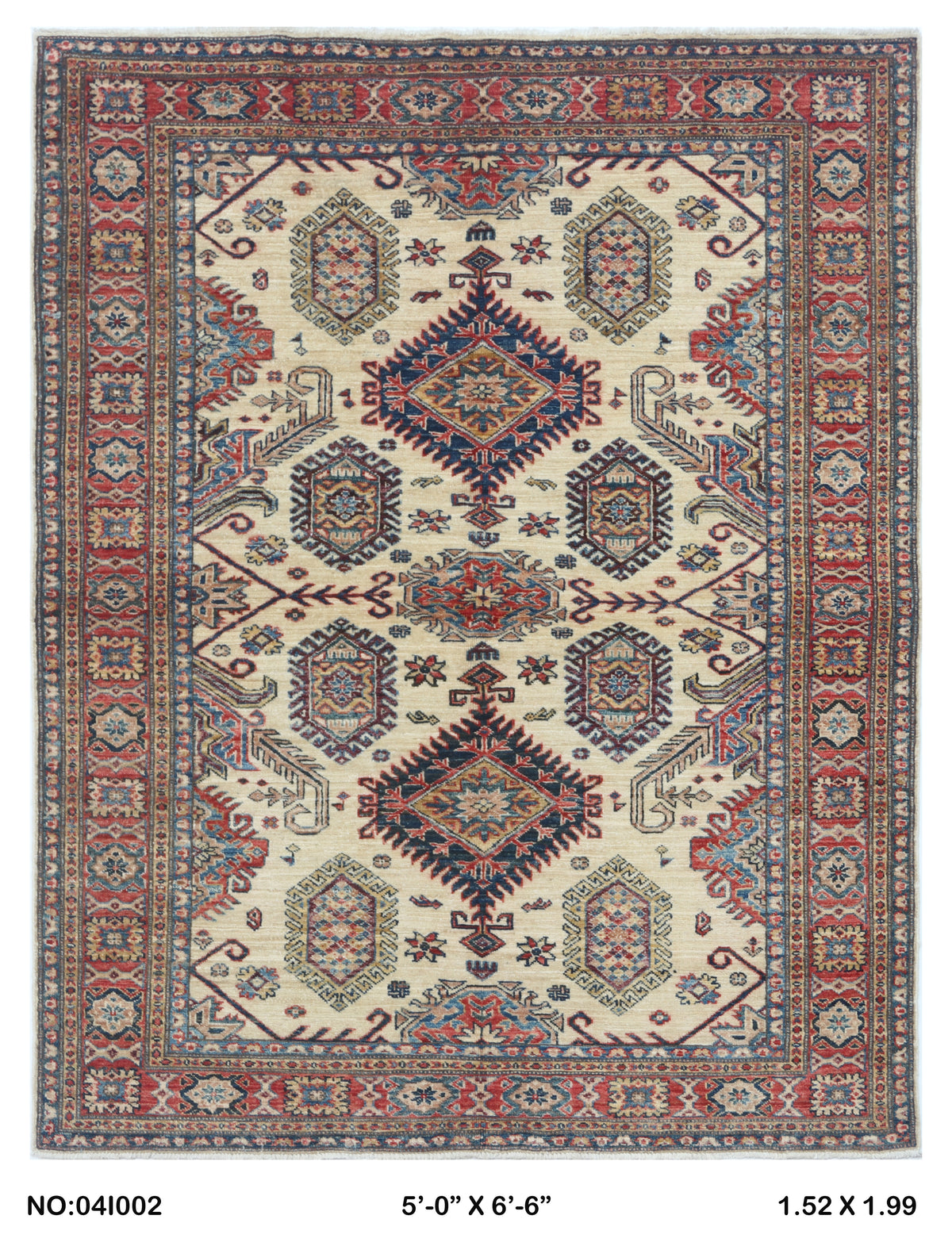 5x7 Beige Super Kazak Geometrical Handmade Cotton & Wool Rug | Premium Luxury Area Rug