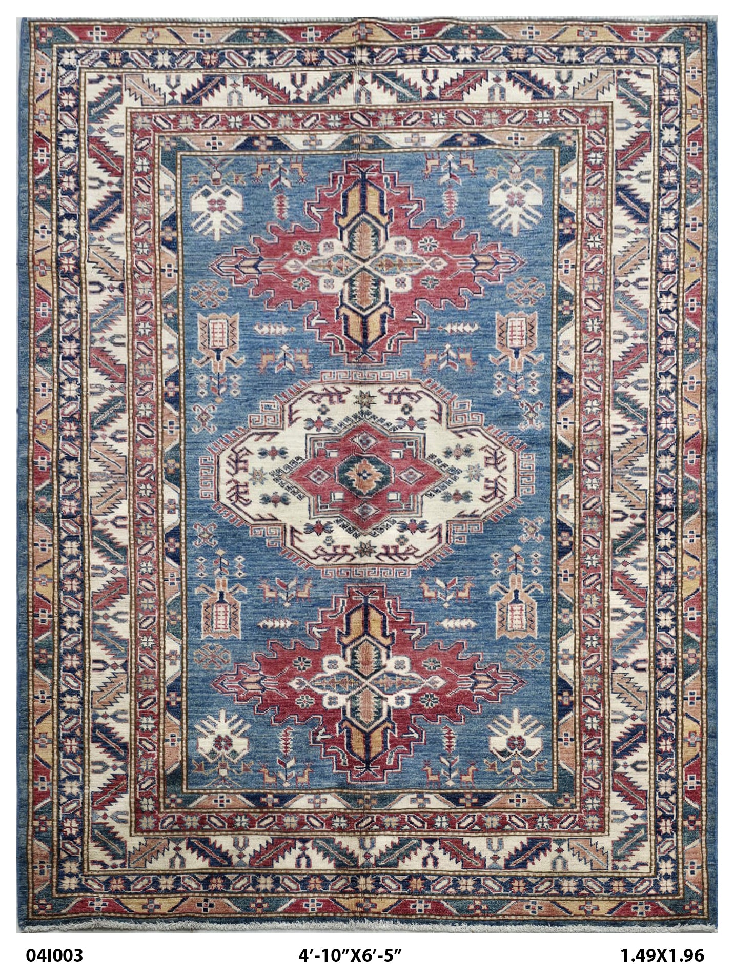 5x7 Blue Super Kazak Geometric Handmade Cotton & Wool Rug | Premium Luxury Area Rug