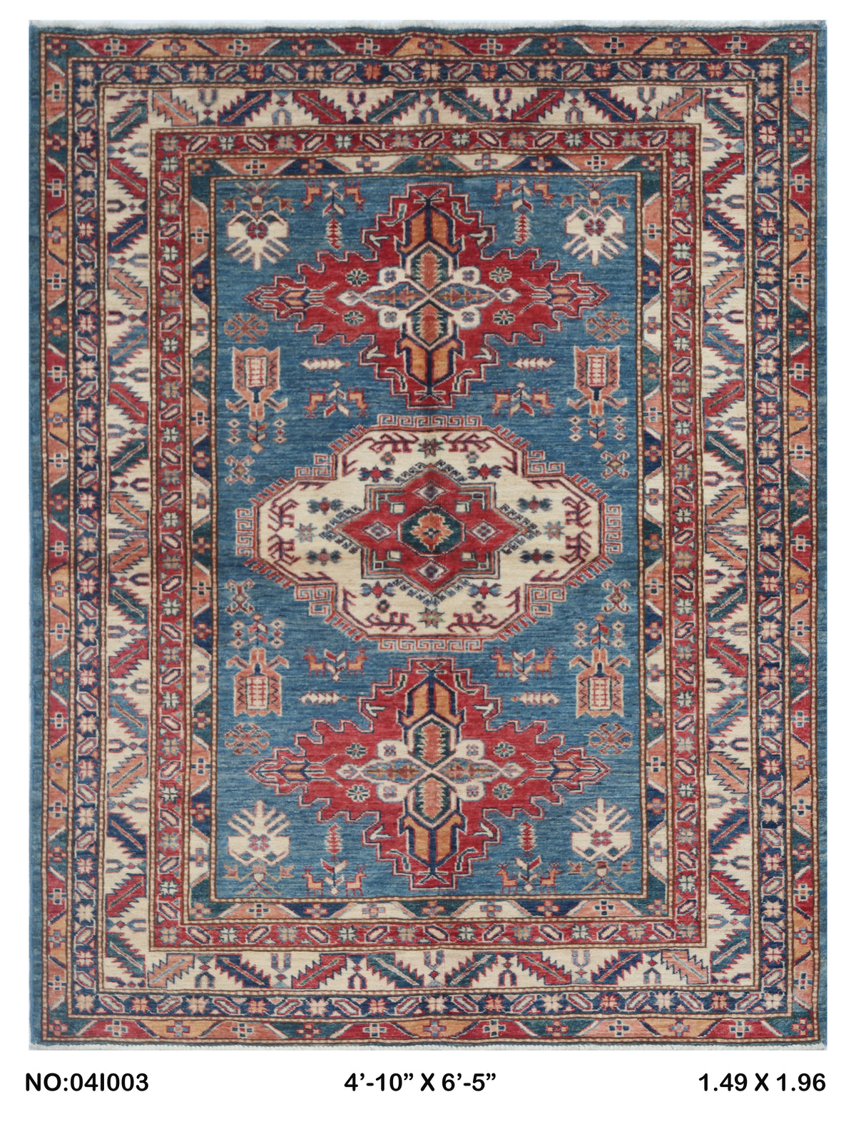 5x7 Blue Super Kazak Geometric Handmade Cotton & Wool Rug | Premium Luxury Area Rug