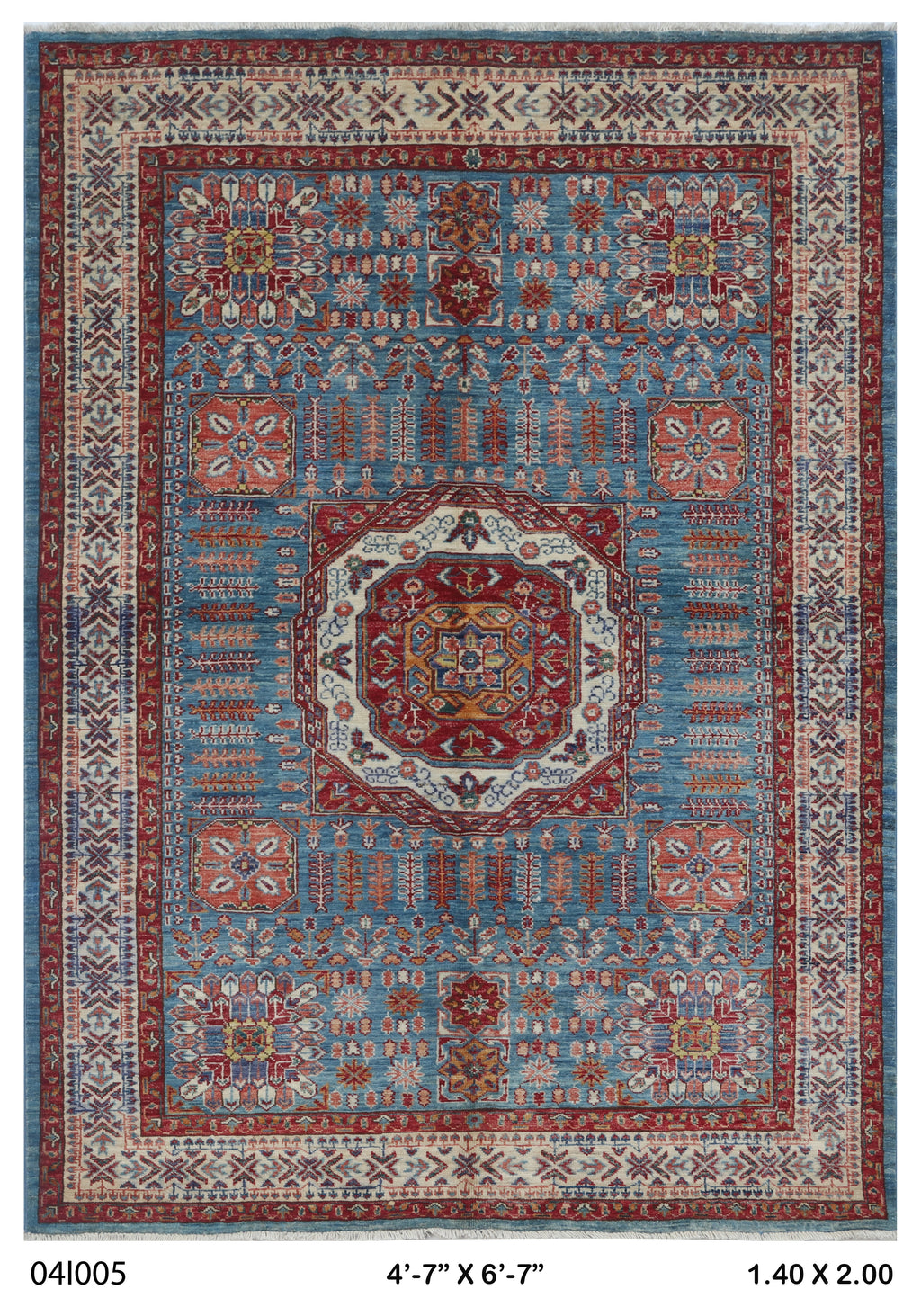 5x7 Blue Super Kazak geometric handmade wool and cotton area rug