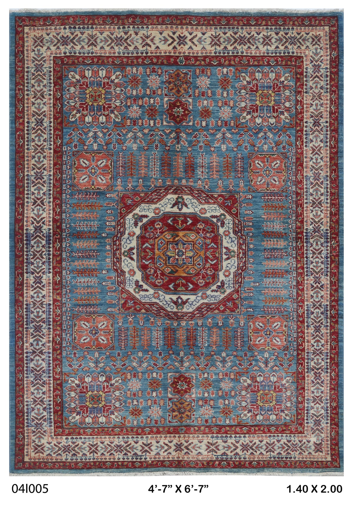5x7 Blue Super Kazak geometric handmade wool and cotton area rug