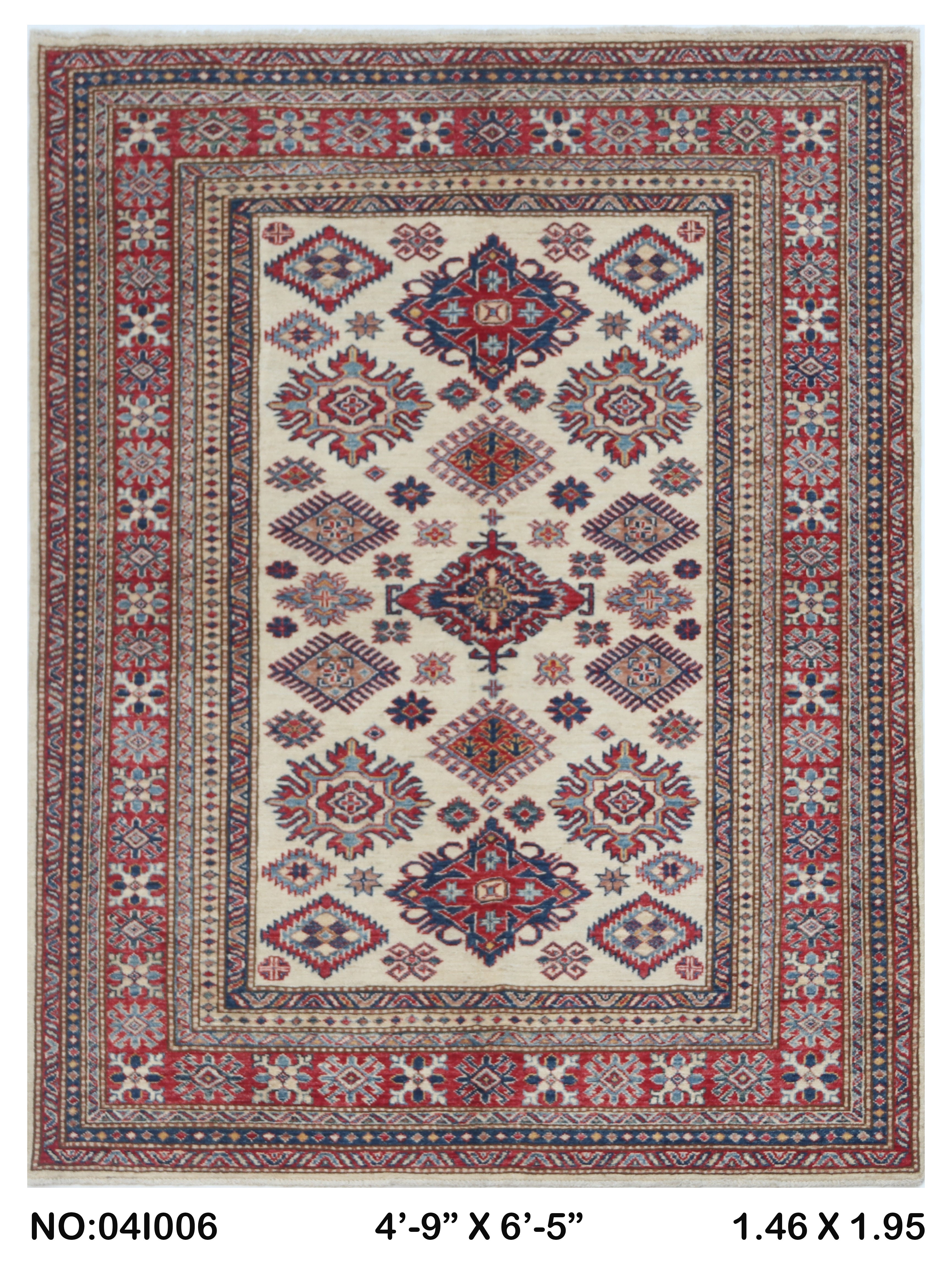 5x7 Beige Super Kazak Geometric Handmade Cotton & Wool Rug | Premium Luxury Area Rug