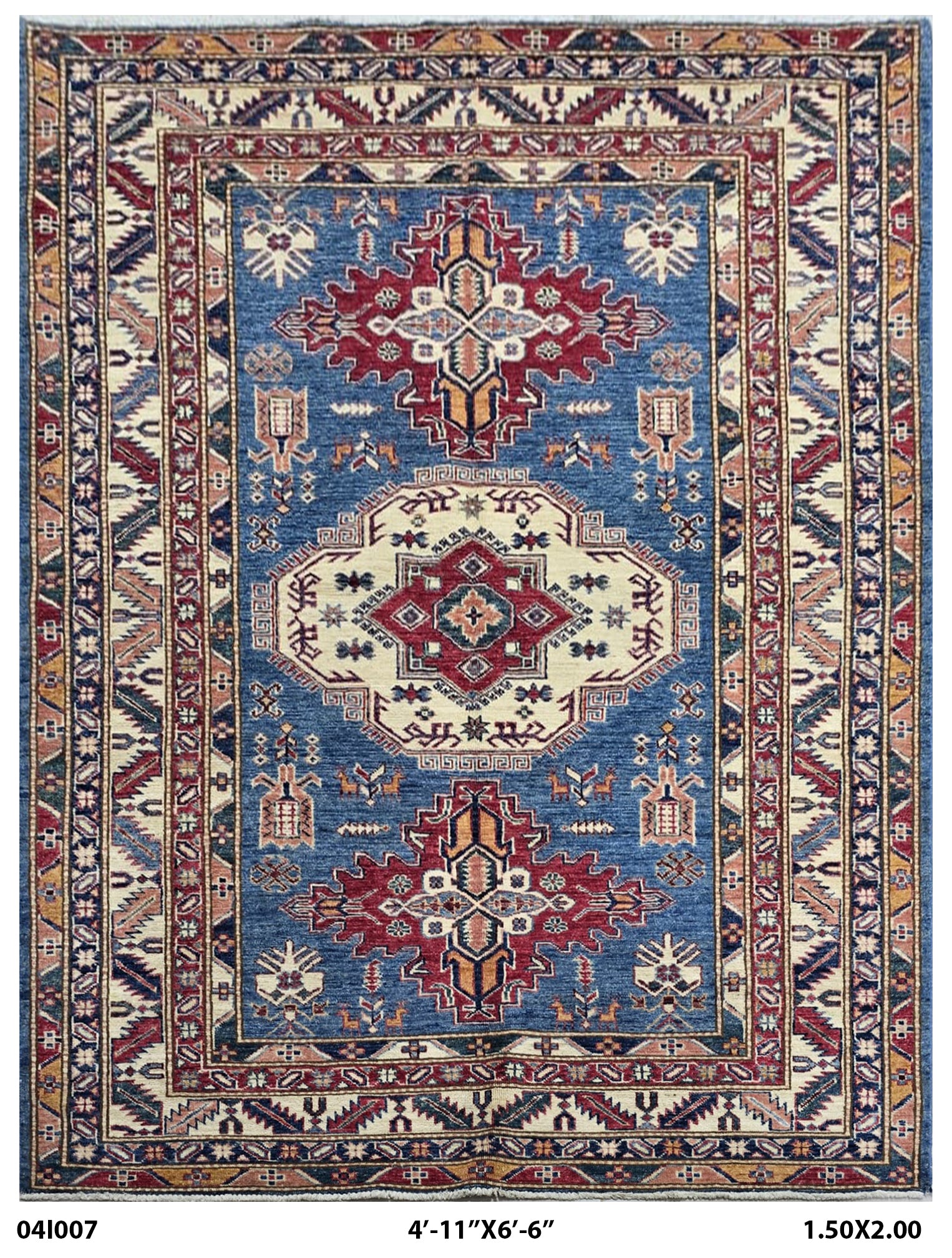 5x7 Blue Super Kazak Geometric Handmade Cotton & Wool Rug | Premium Luxury Area Rug