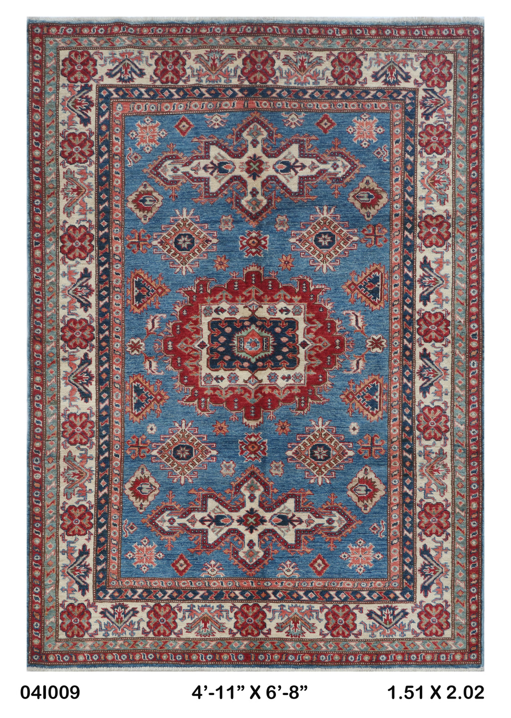 5x7 Blue Super Kazak geometric handmade wool and cotton area rug