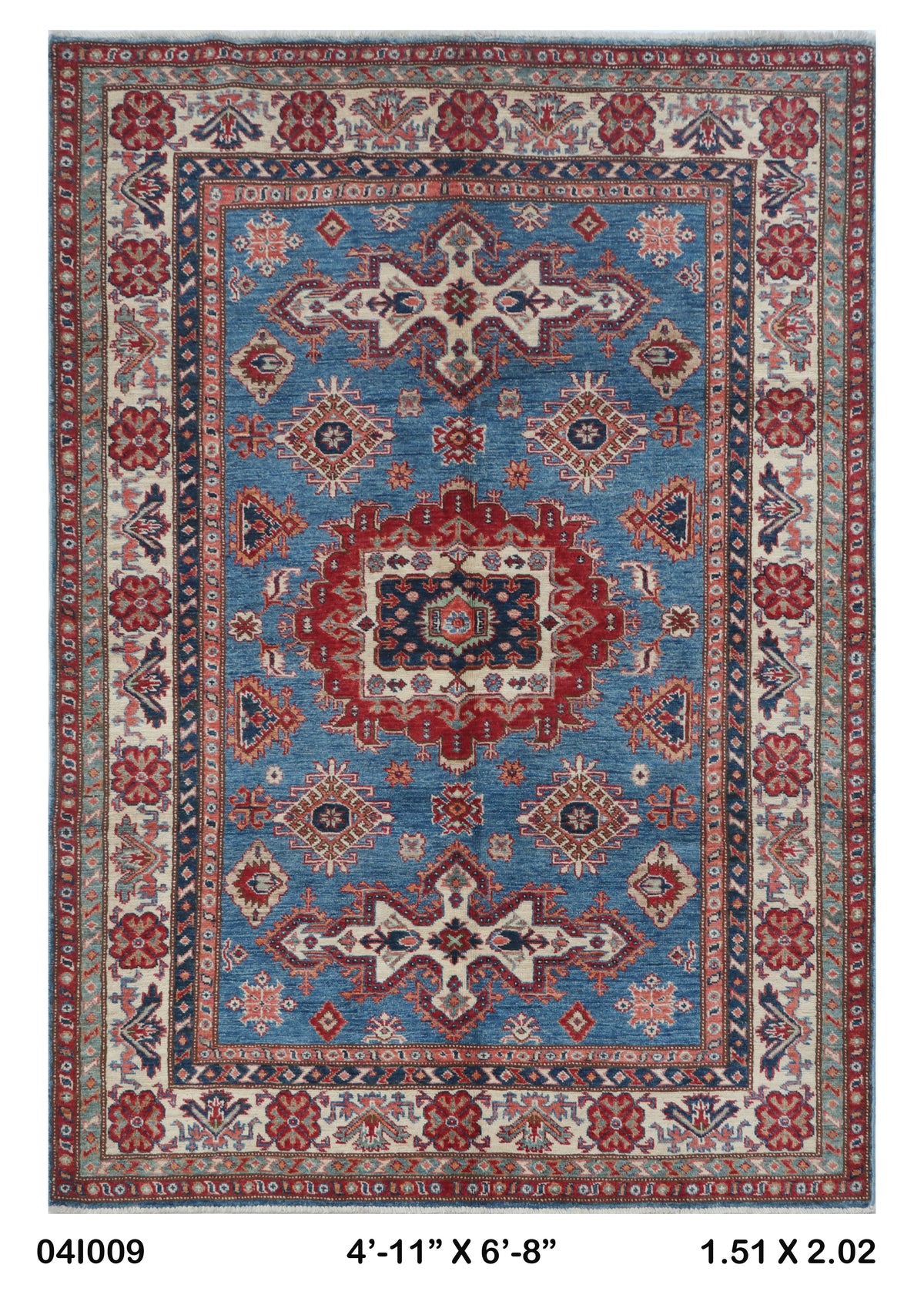 5x7 Blue Super Kazak geometric handmade wool and cotton area rug