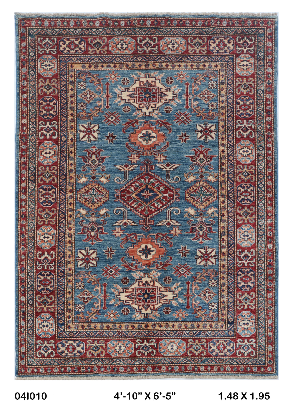 5x7 Blue Super Kazak geometric handmade wool and cotton area rug