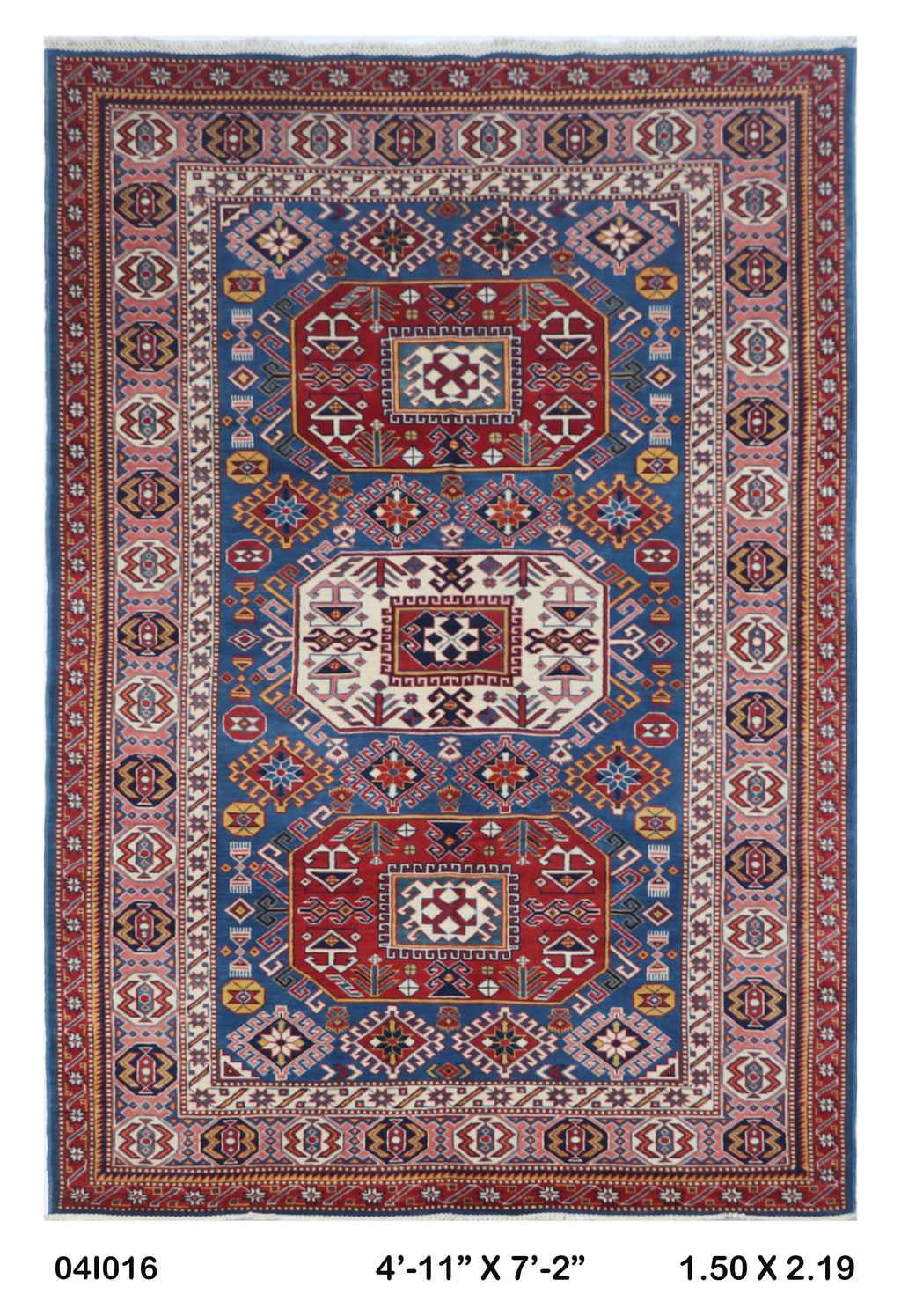 Blue 5x7 Super Kazak geometric handmade wool and cotton area rug with vegetable dyeing