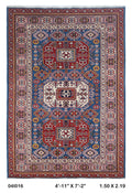 Blue 5x7 Super Kazak geometric handmade wool and cotton area rug with vegetable dyeing
