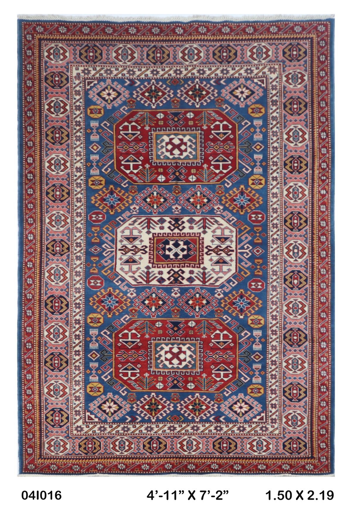 Blue 5x7 Super Kazak geometric handmade wool and cotton area rug with vegetable dyeing