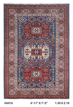 Blue 5x7 Super Kazak geometric handmade wool and cotton area rug with vegetable dyeing