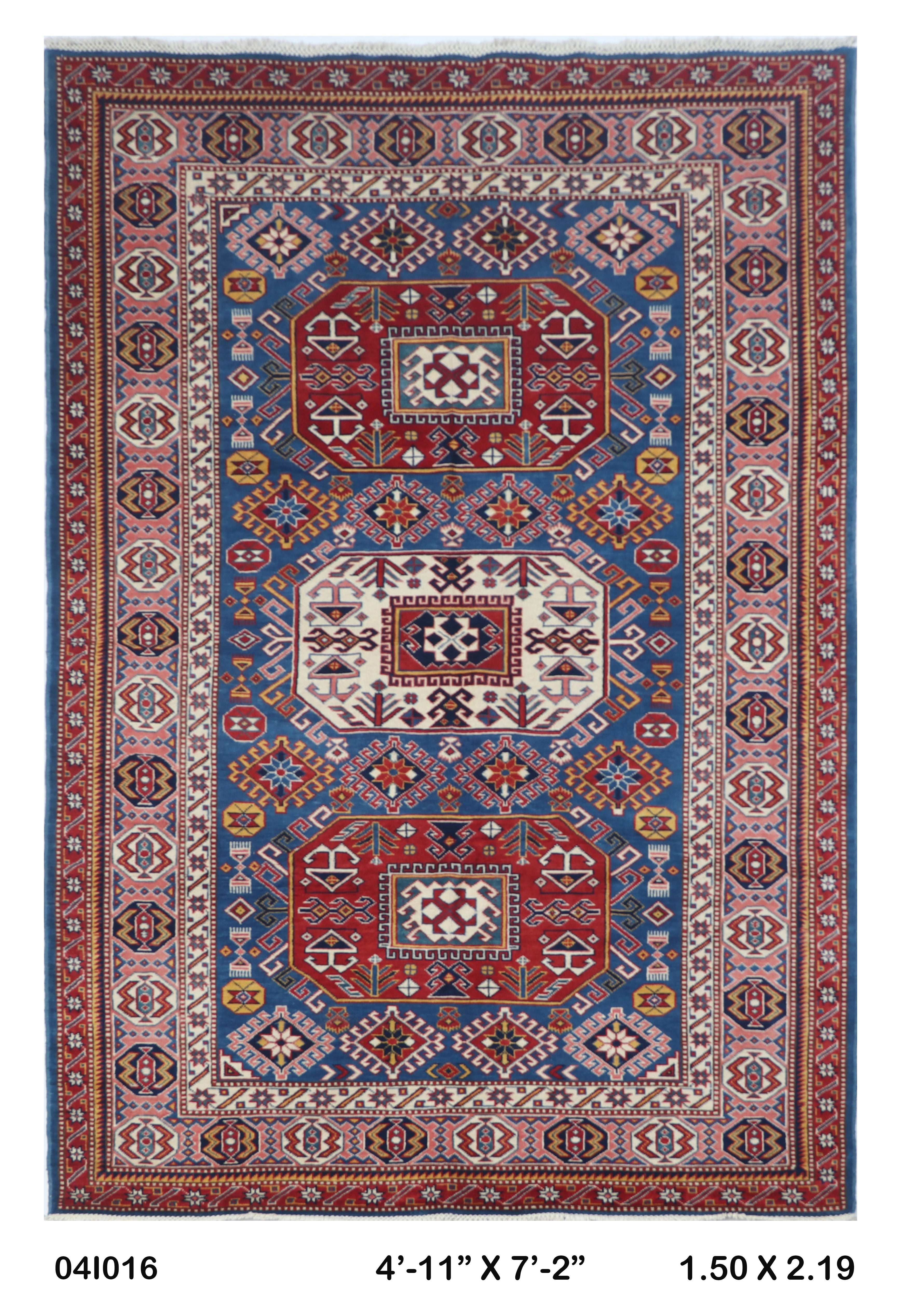 Blue 5x7 Super Kazak geometric handmade wool and cotton area rug with vegetable dyeing