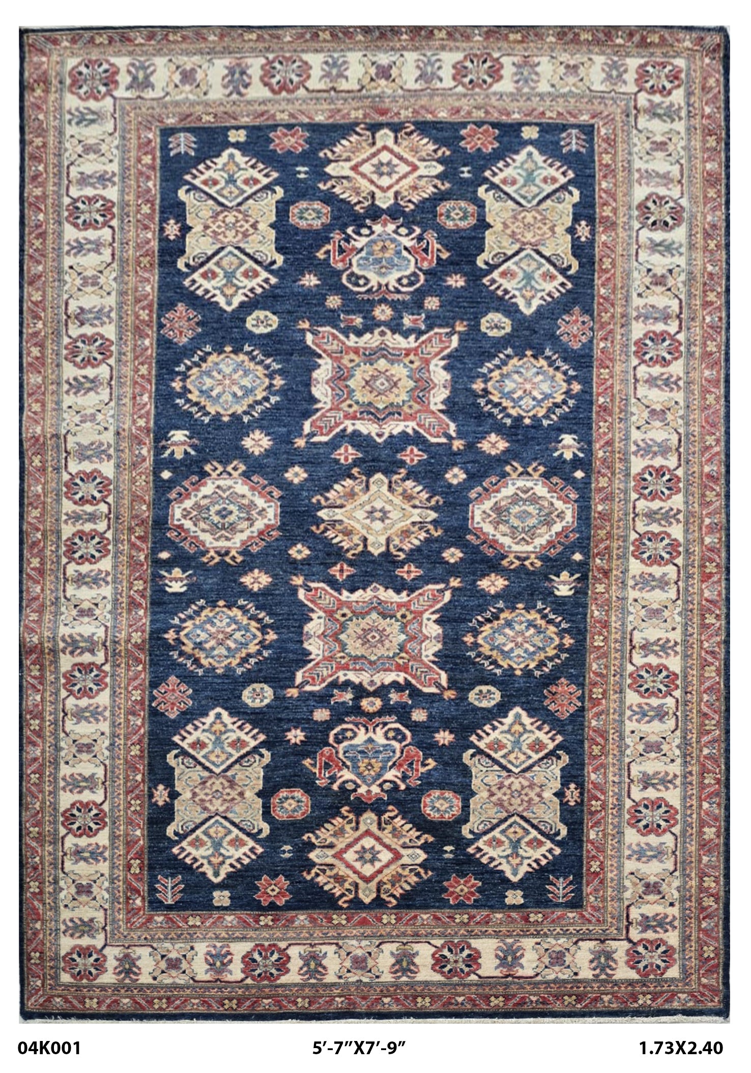 Handmade Super Kazak Blue Vegetable Dyed Geometric Wool Cotton Area Rug 5.8x8.0 ft