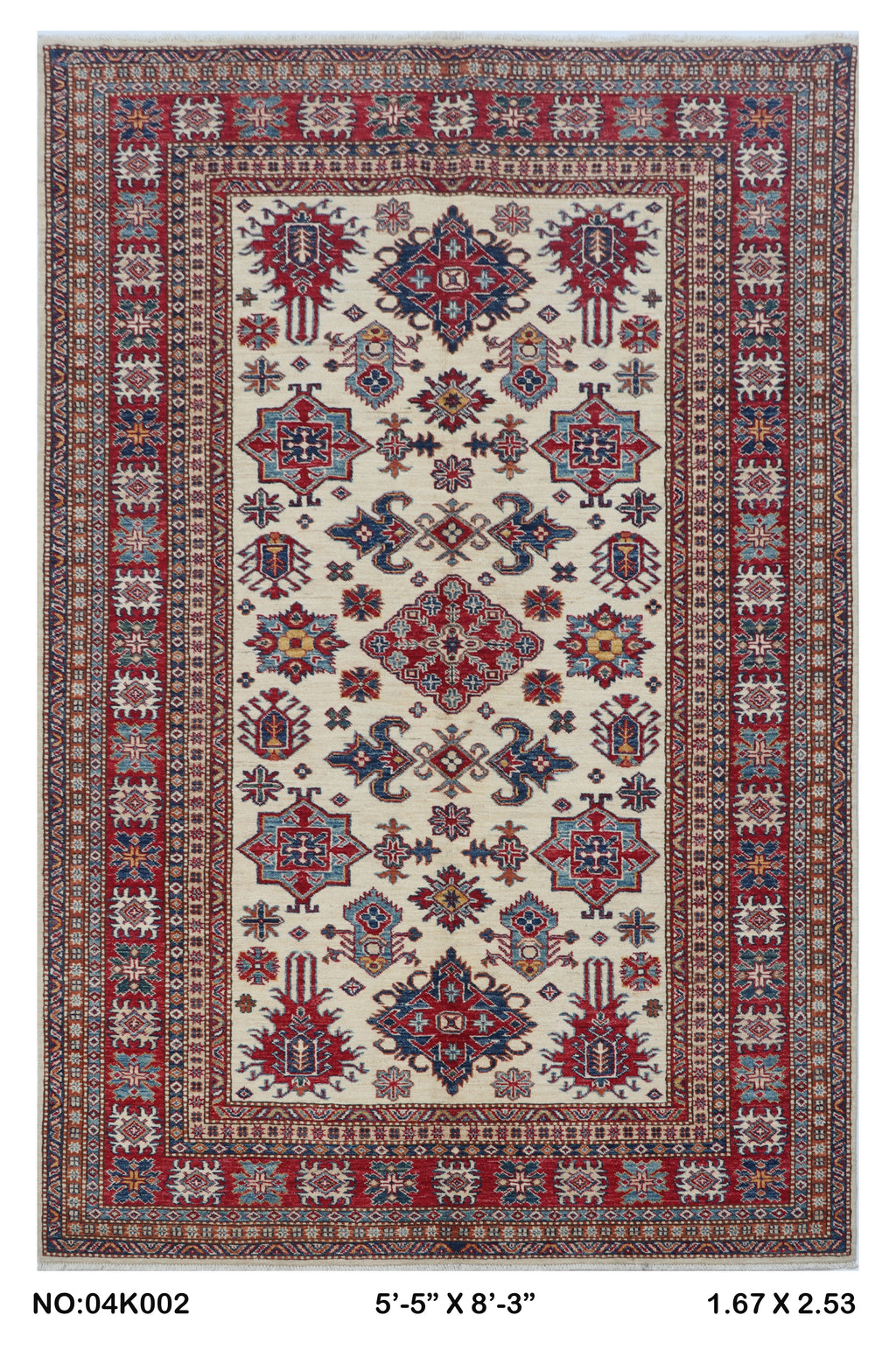 5.5x8 Beige Super Kazak geometric handmade wool and cotton area rug