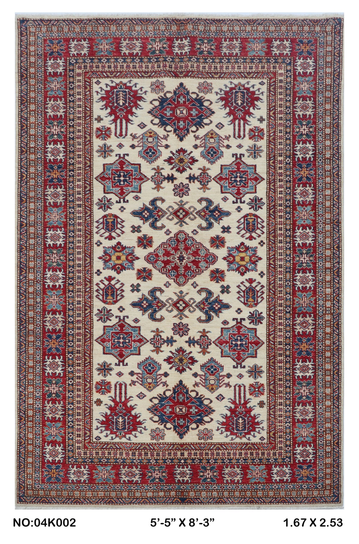 5.5x8 Beige Super Kazak geometric handmade wool and cotton area rug