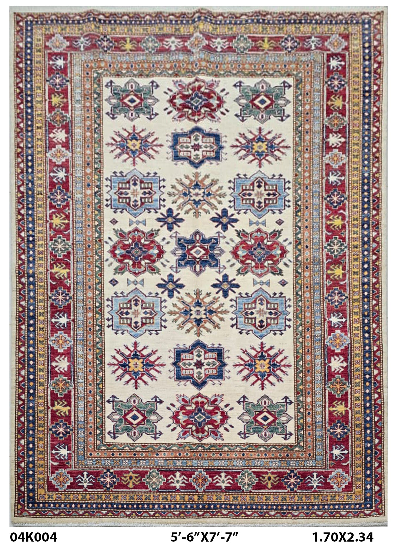 Handmade Super Kazak Beige Vegetable Dyed Geometric Wool Cotton Area Rug 5.8x8.0 ft