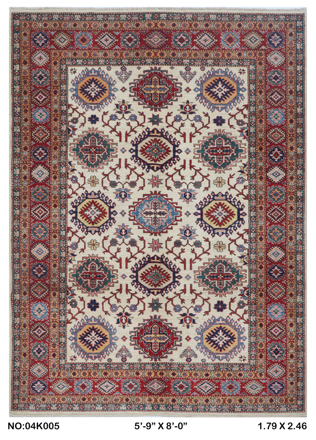 5.5x8 Beige Super Kazak geometric handmade wool and cotton area rug