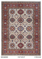 5.5x8 Beige Super Kazak geometric handmade wool and cotton area rug