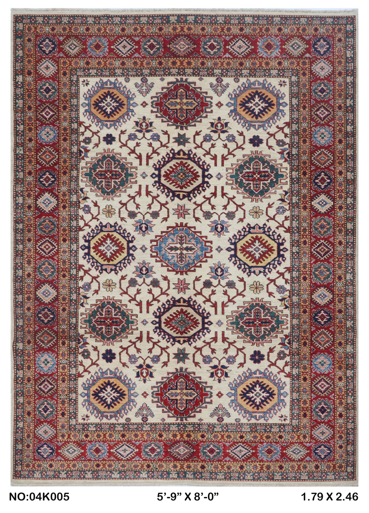 5.5x8 Beige Super Kazak geometric handmade wool and cotton area rug