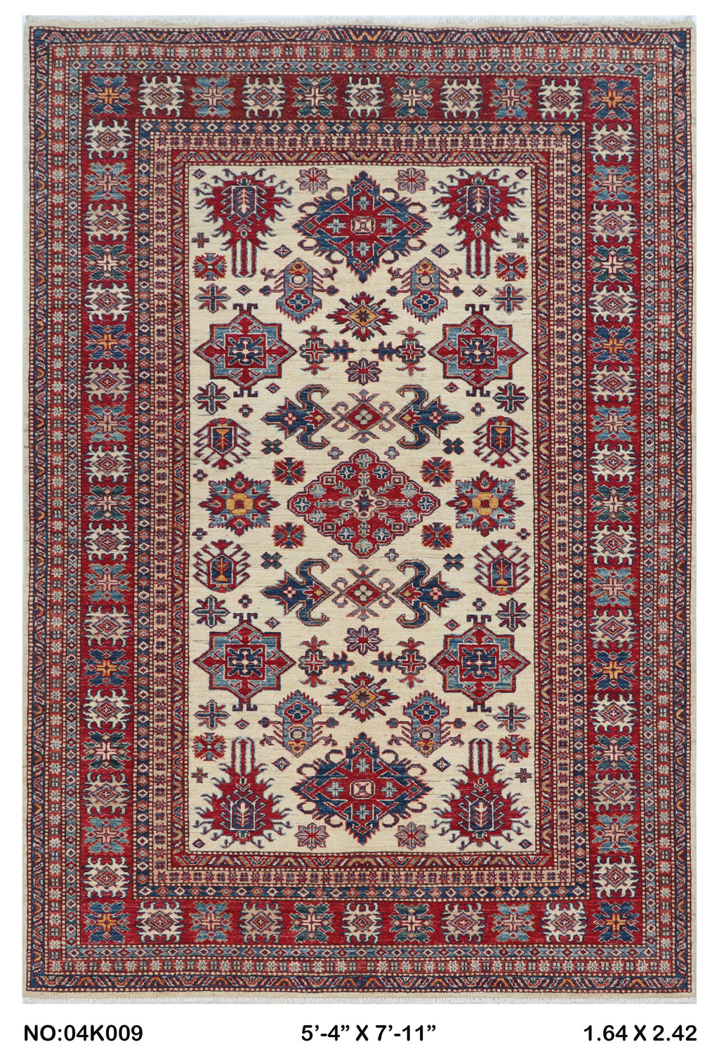 Beige 5.5x8 Super Kazak geometric handmade wool and cotton area rug with vegetable dyeing