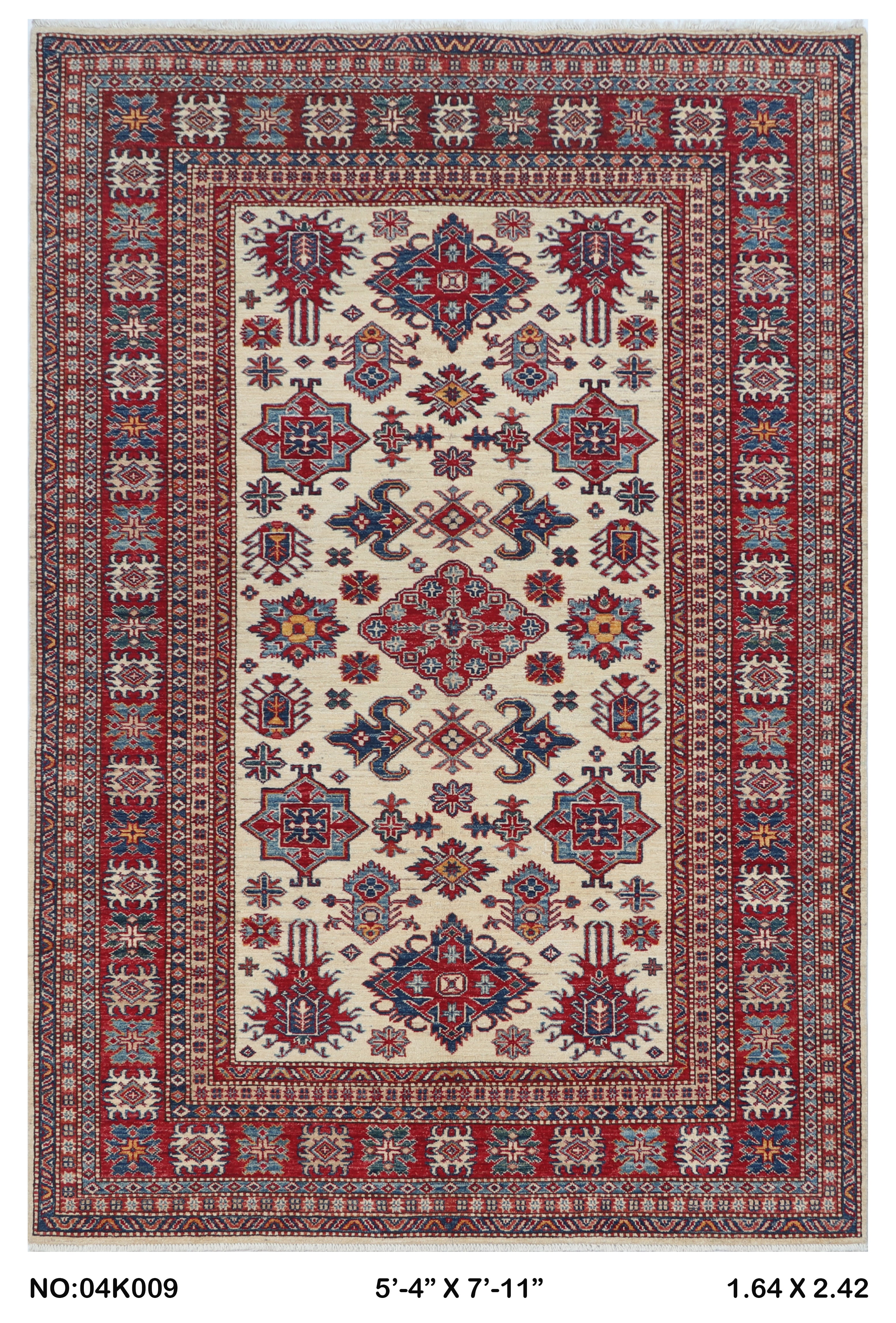 Beige 5.5x8 Super Kazak geometric handmade wool and cotton area rug with vegetable dyeing