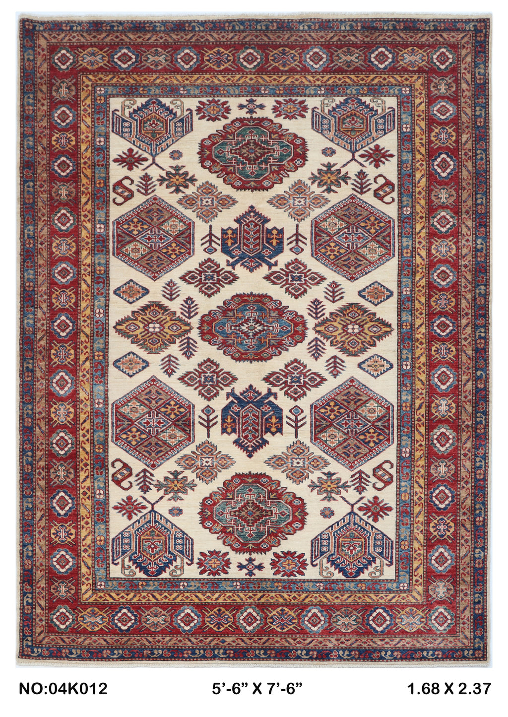 5.5x8 Beige Super Kazak Handmade Wool Cotton Geometric Area Rug