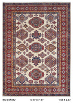 5.5x8 Beige Super Kazak Handmade Wool Cotton Geometric Area Rug