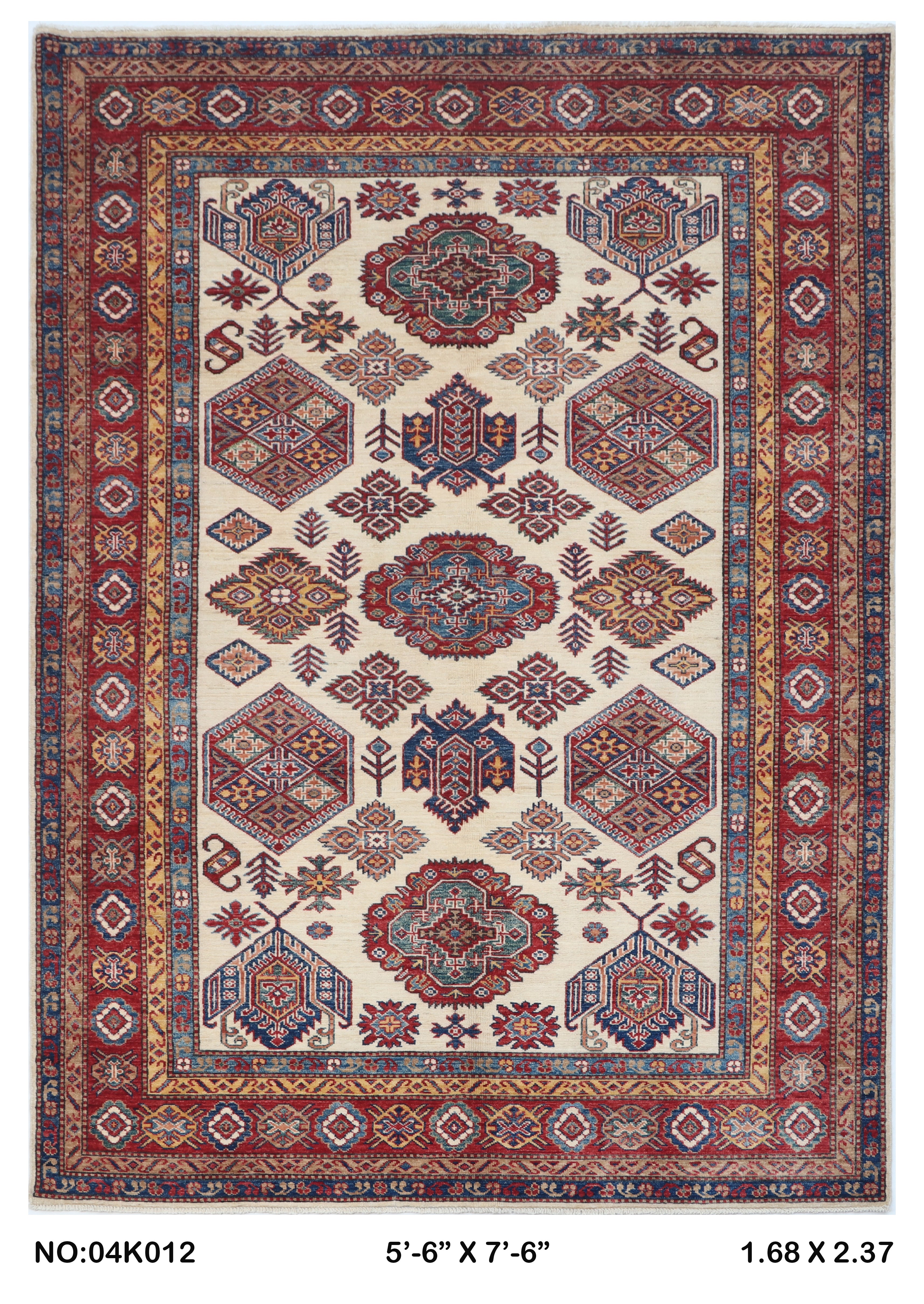 5.5x8 Beige Super Kazak Handmade Wool Cotton Geometric Area Rug