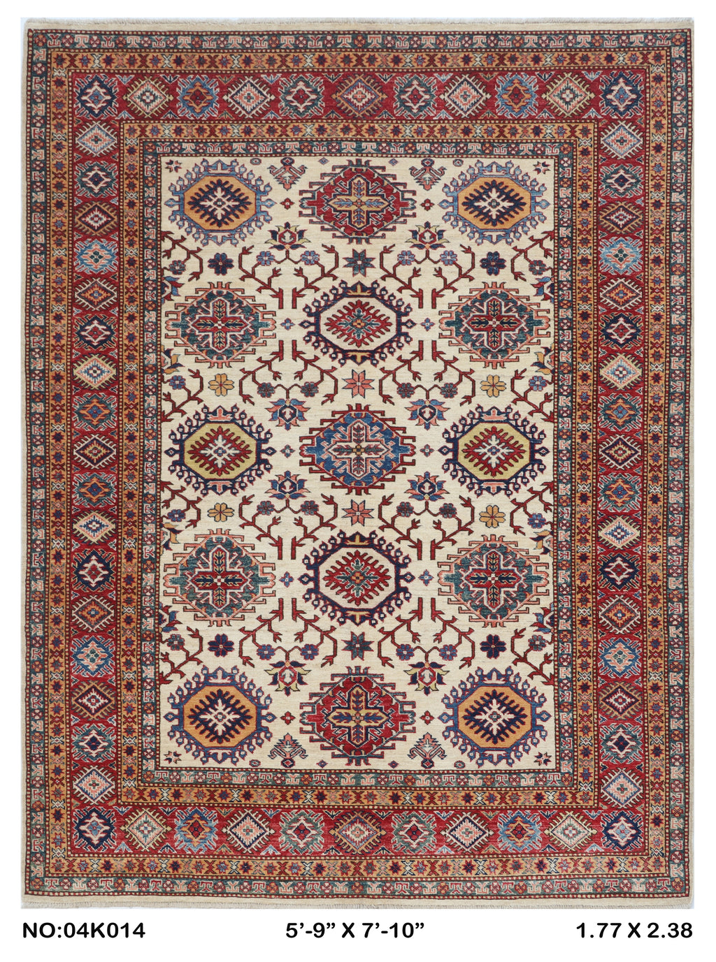 Beige 5.5x8 Super Kazak geometric handmade wool and cotton area rug with vegetable dyeing
