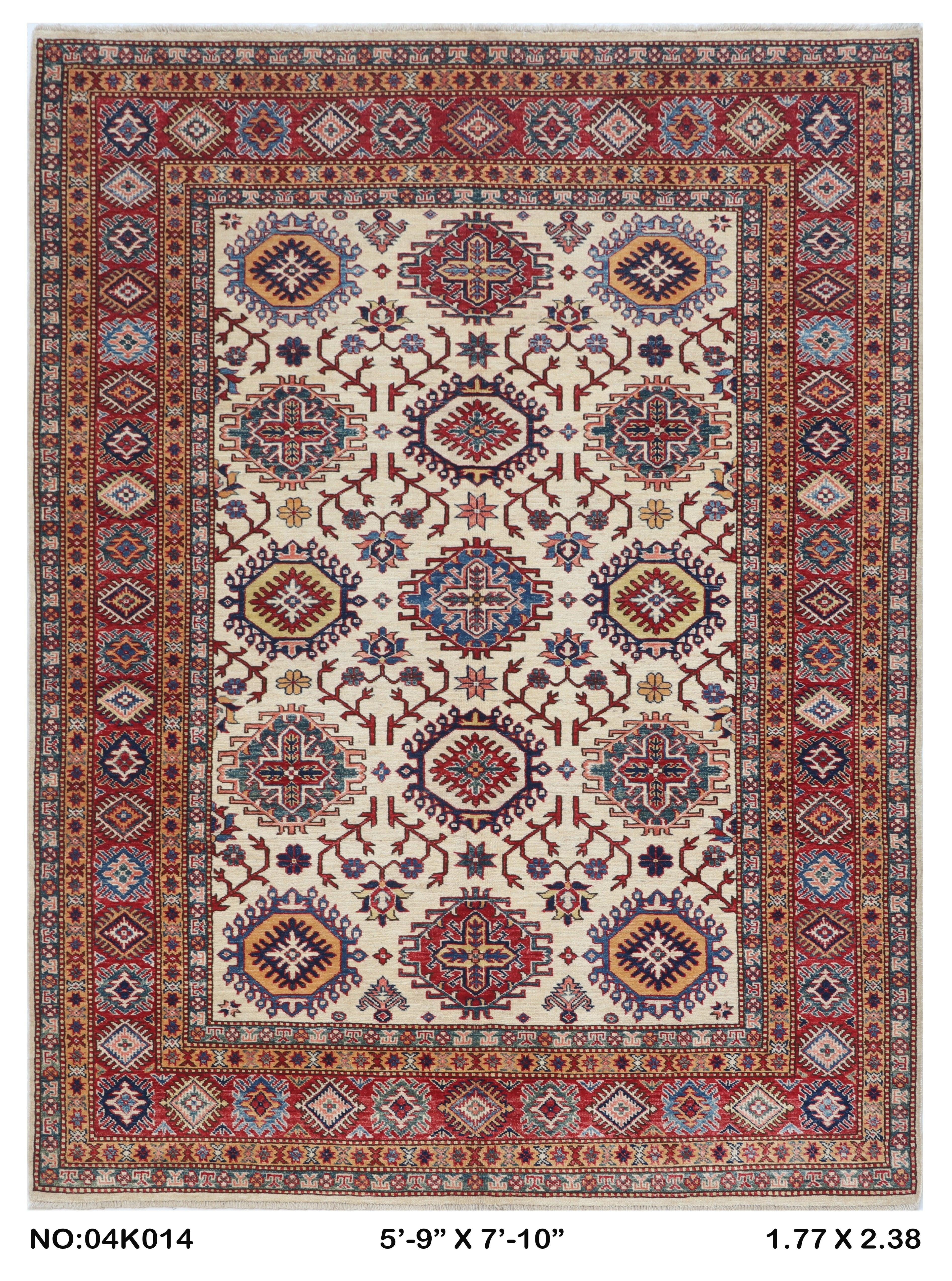 Beige 5.5x8 Super Kazak geometric handmade wool and cotton area rug with vegetable dyeing