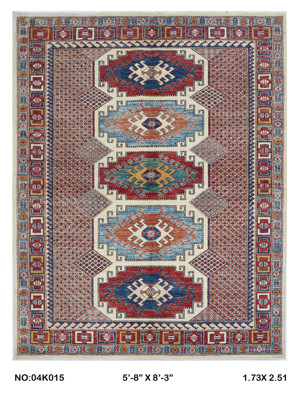 Beige 5.5x8 Super Kazak geometric handmade wool and cotton area rug with vegetable dyeing