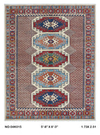 Beige 5.5x8 Super Kazak geometric handmade wool and cotton area rug with vegetable dyeing