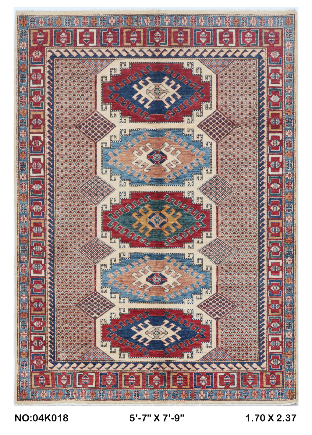 Beige 5.5x8 Super Kazak geometric handmade wool and cotton area rug with vegetable dyeing