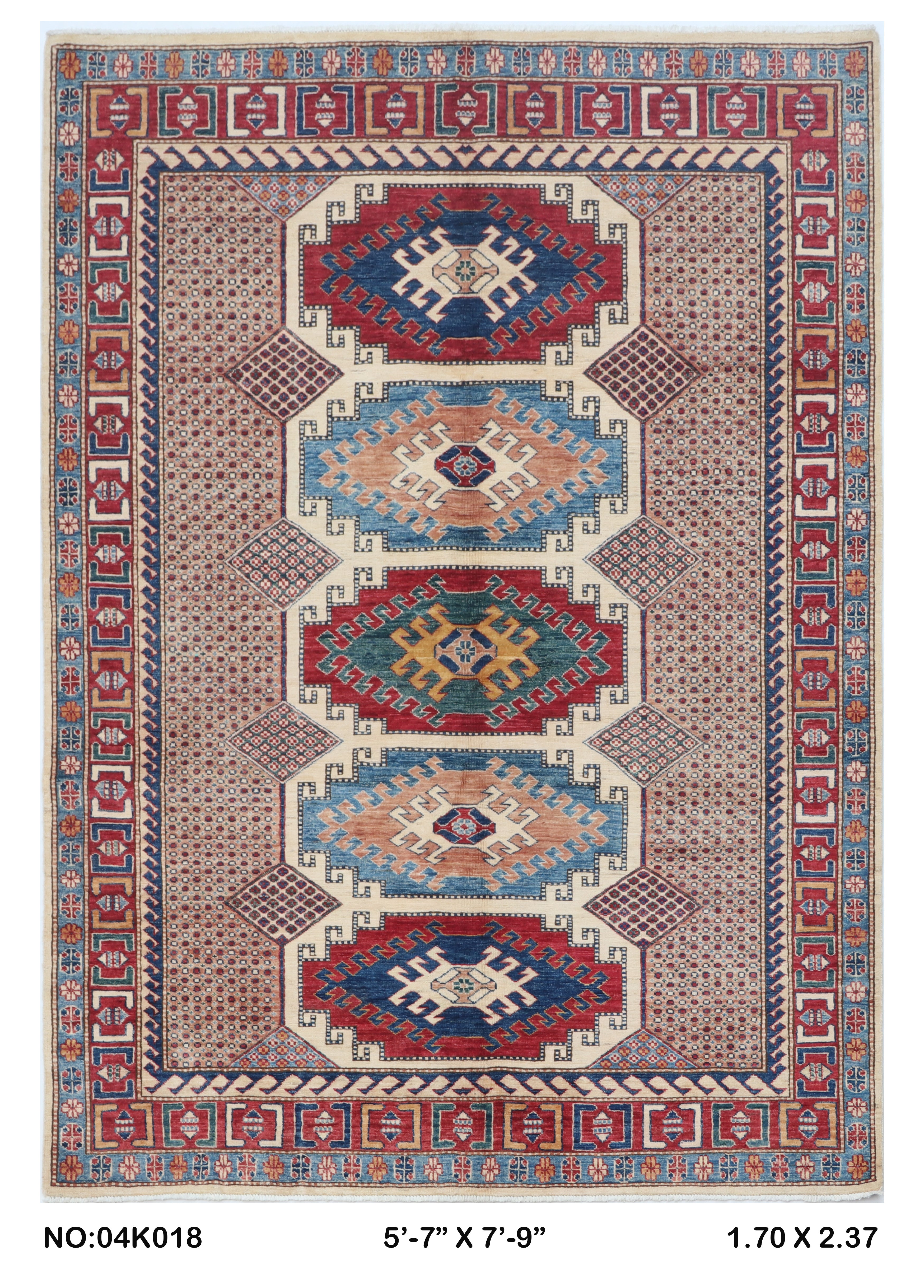 Beige 5.5x8 Super Kazak geometric handmade wool and cotton area rug with vegetable dyeing