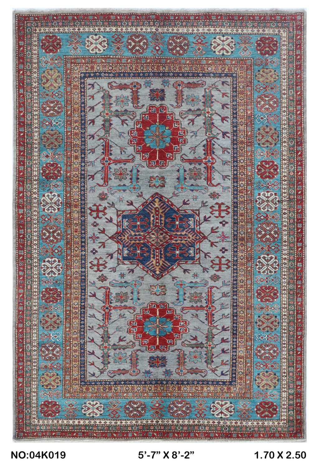 Gray 5.5x8 Super Kazak geometric handmade wool and cotton area rug with vegetable dyeing