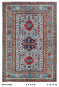 Gray 5.5x8 Super Kazak geometric handmade wool and cotton area rug with vegetable dyeing