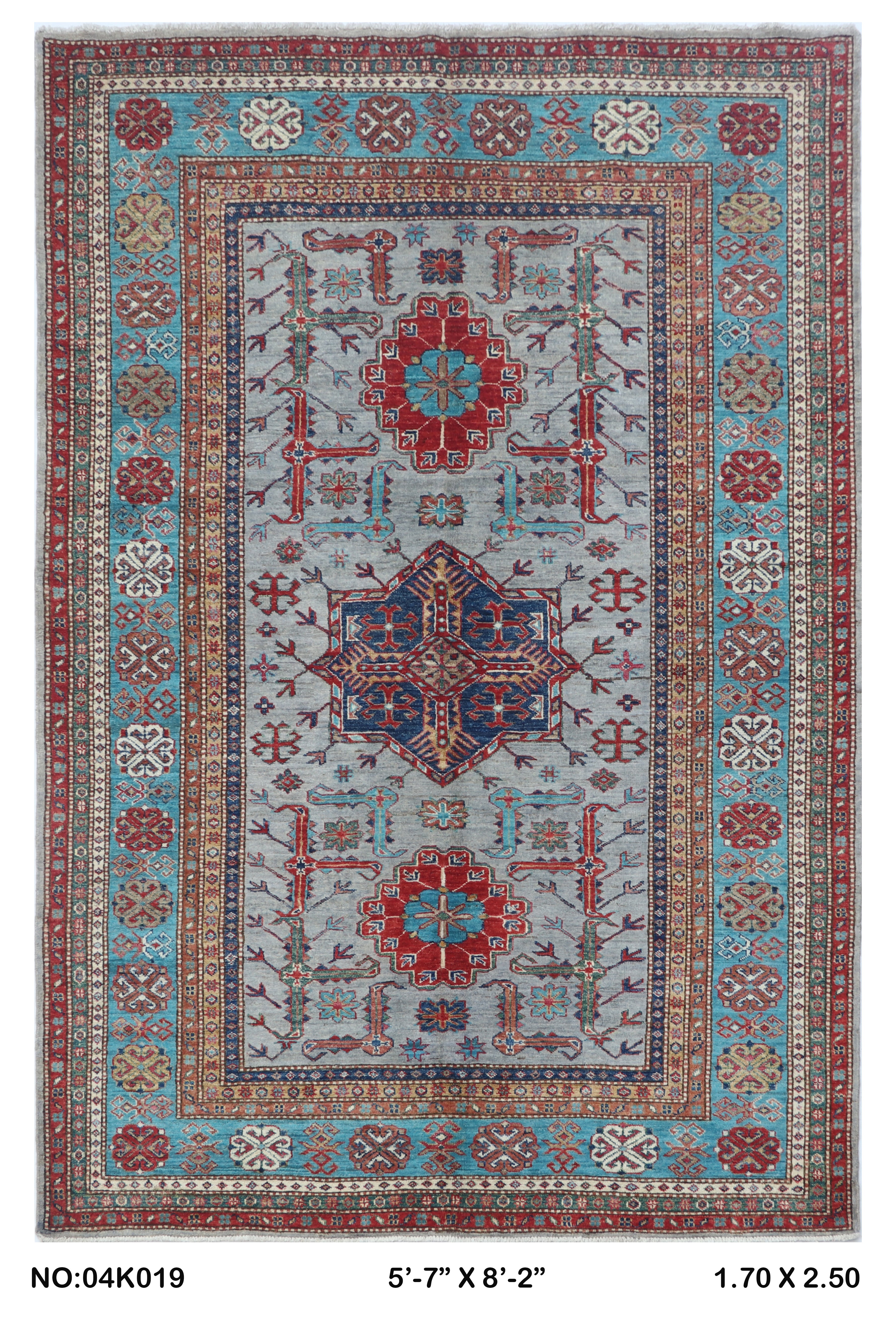 Gray 5.5x8 Super Kazak geometric handmade wool and cotton area rug with vegetable dyeing